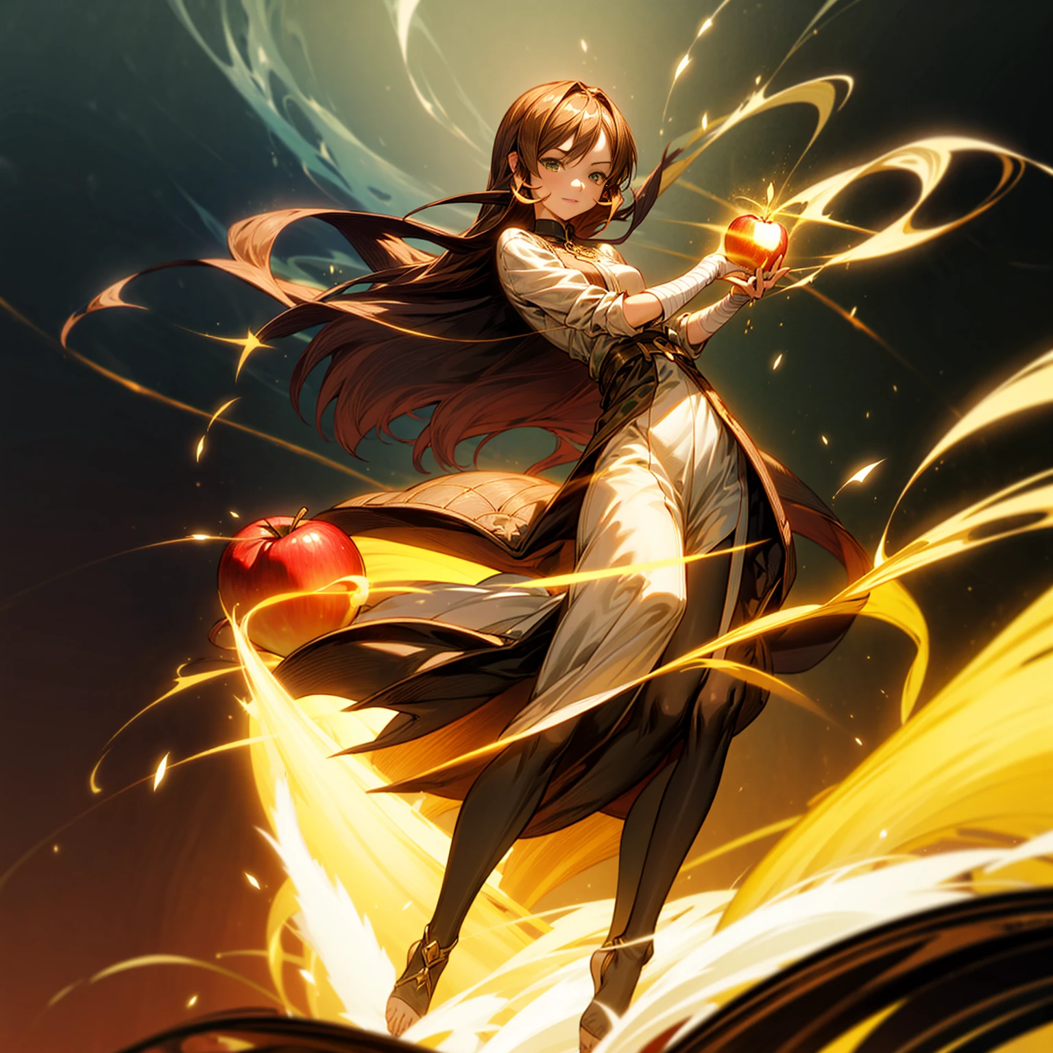 1girl, Full body version, 1character, adult version, green colour eyes, long haircut, brown colour hair, Happy expression, Bandage on his hand, medieval style clothing, gold Apple in hand, background in town, motion blur, aura effect, lighting gold Apple, smoke aura in hand, (pokemon style art)