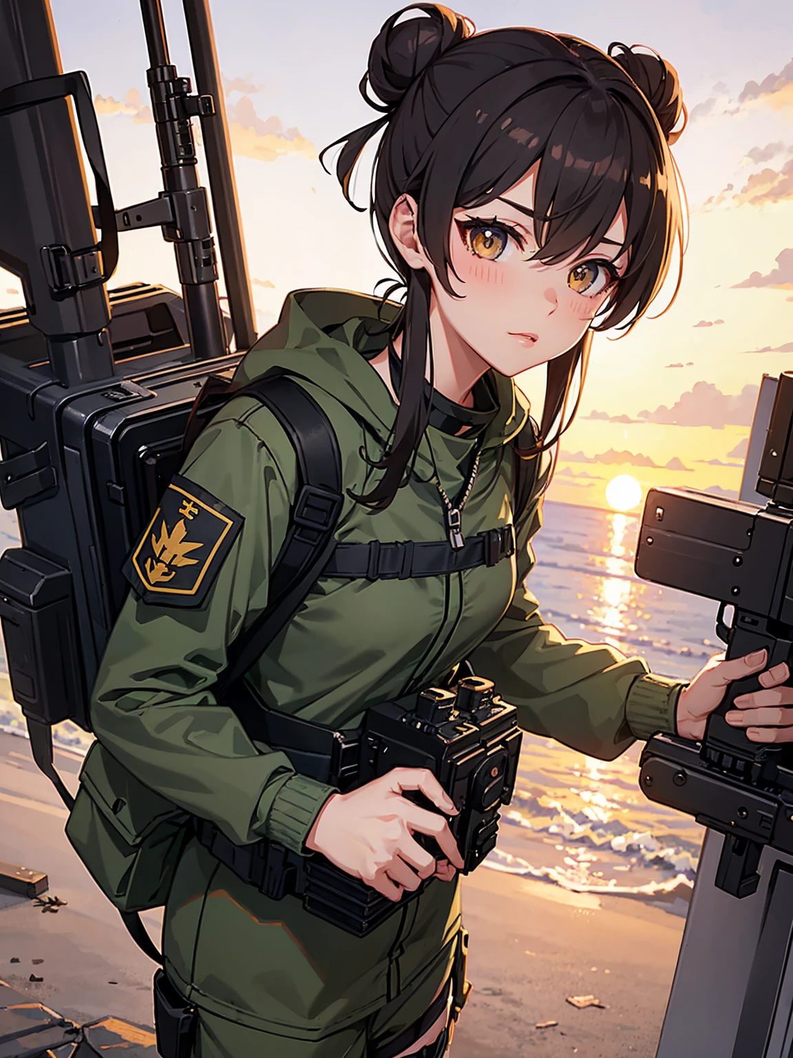 tacticool, military girl, looking off into the sunset, full military girl, large backpack, rifle, chest plate, hanna owo, Perfect face, cimimatic image, movie quality, anime, long hair bun, perfect lips, glossy lips, tight longsleeve shirt