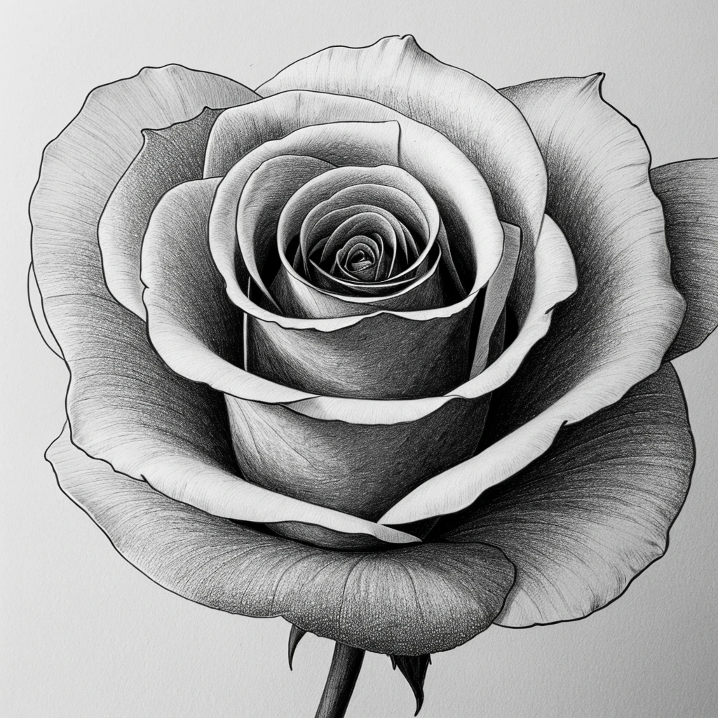 a black and white, lines only, drawing of a traditional rose 