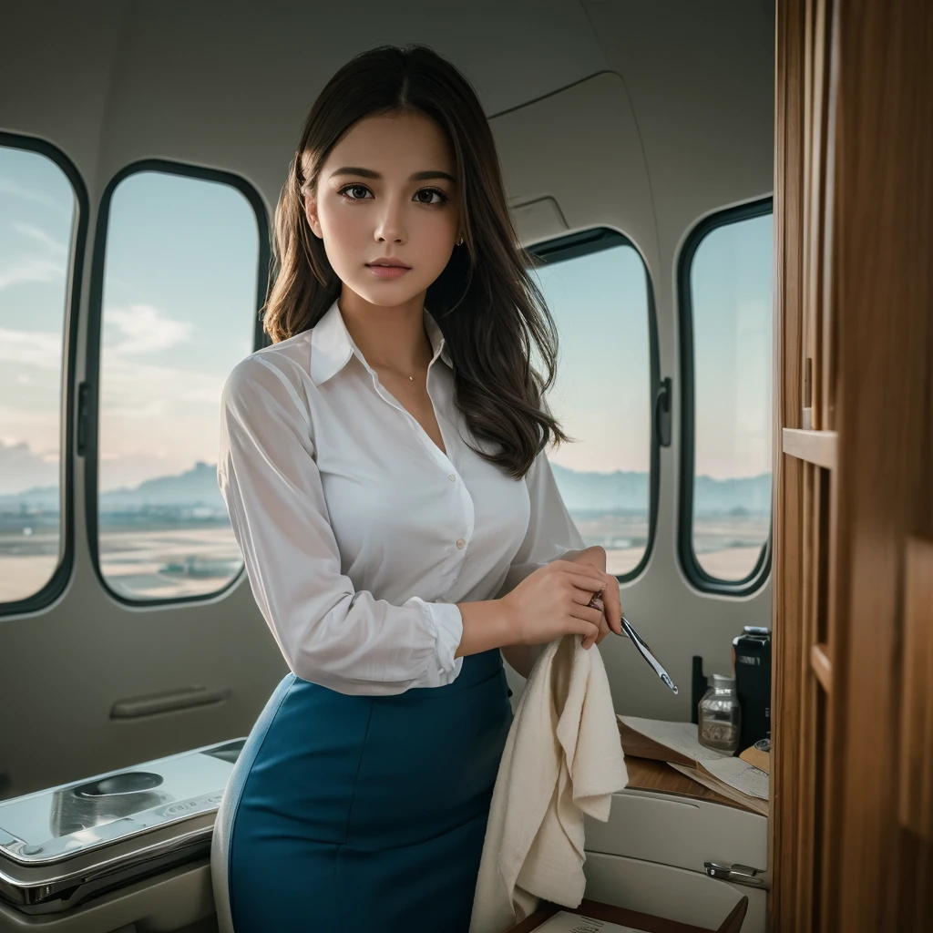 Highest quality,(RAW Photos:1.2),(masterpiece:1.4),(Realistic:1.4),(High resolution:1.4), One girl, Depth of written boundary, flight attendant, Exquisitely crafted,8K, Very detailed, Perfect lighting, Spectacular Background