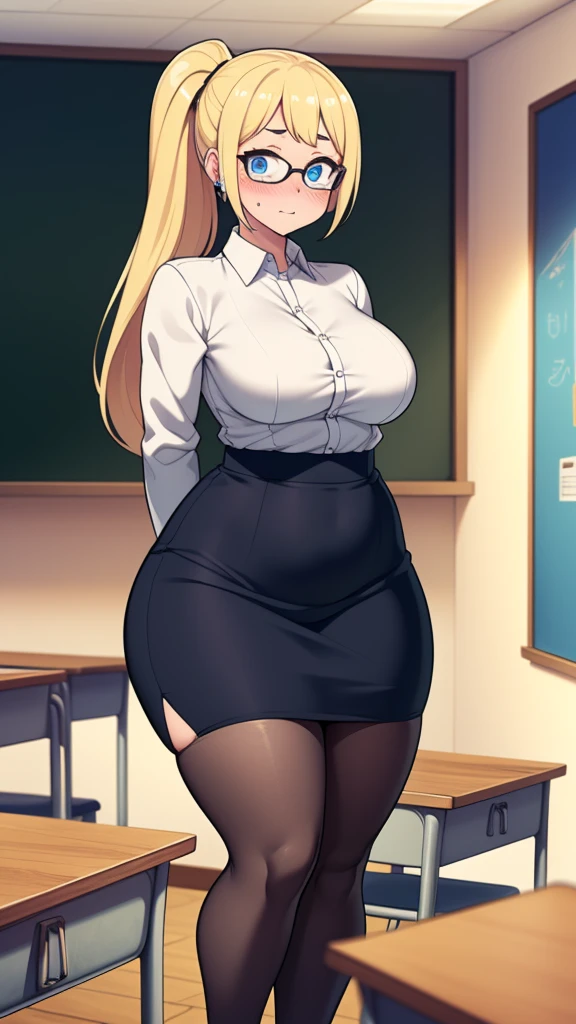 ((highres)) ,Masterpiece, high quality, best quality, beautiful, perfect lighting, detailed face, ultra cute face, ((1girl)), ((solo), long blonde hair, ponytail, blue eyes, glasses, ((blush)), embarrassed, looking at viewer, arms behind back, standing in a classroom, (classroom), daytime, dress shirt, pencil skirt, thigh highs, tight clothes, wide hips, (thick thighs), (chubby), medium breasts, perky breasts, 24 year old female,