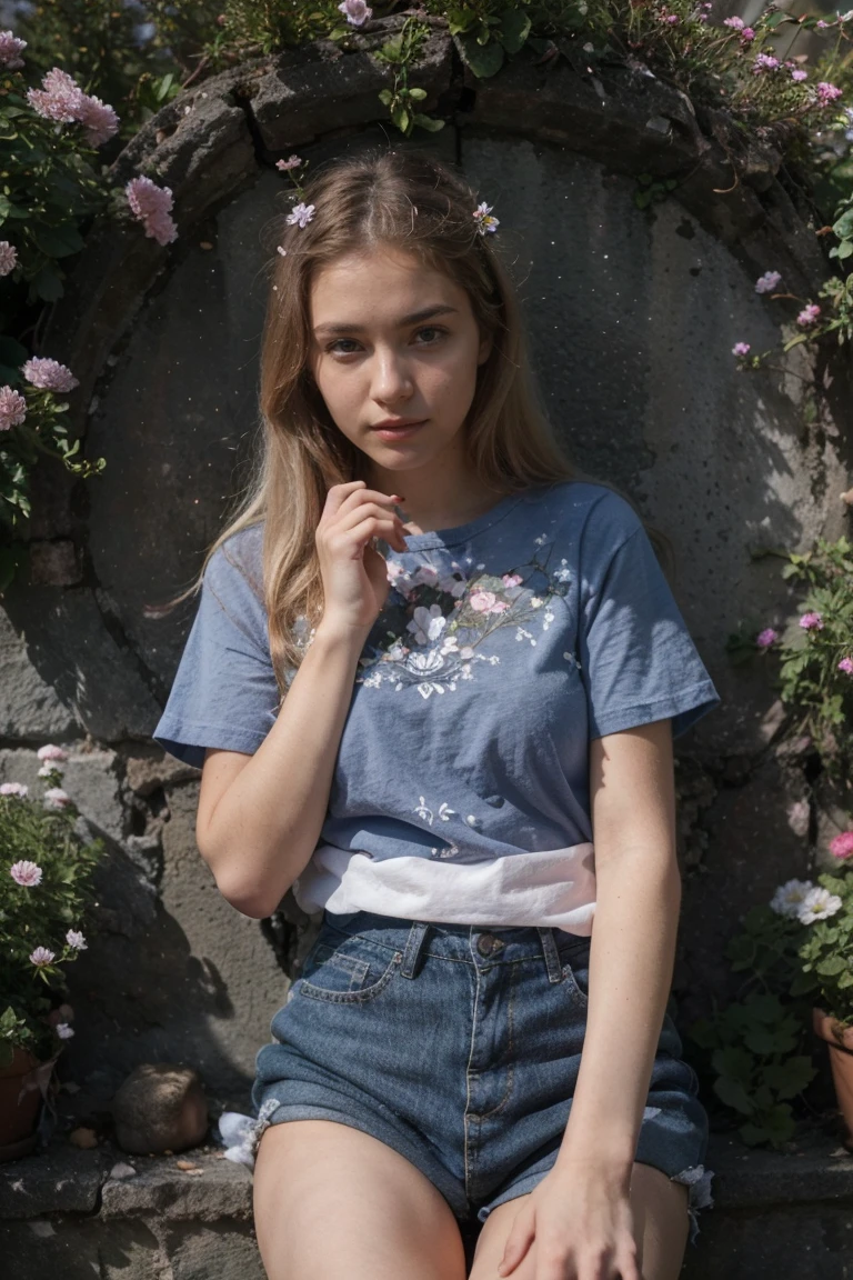 (fille:1.2),seul, (longs cheveux bouclés blond:1.1), yeux marrons, Porter une couronne de marguerites sur la tête, Asseyez-vous dans un champ de marguerites, (corbeille de fruits:1.1), short bleu, t-shirt rouge,,brut,photographique,ombres de photos,réel,ridicule,esthétique,élégant, big