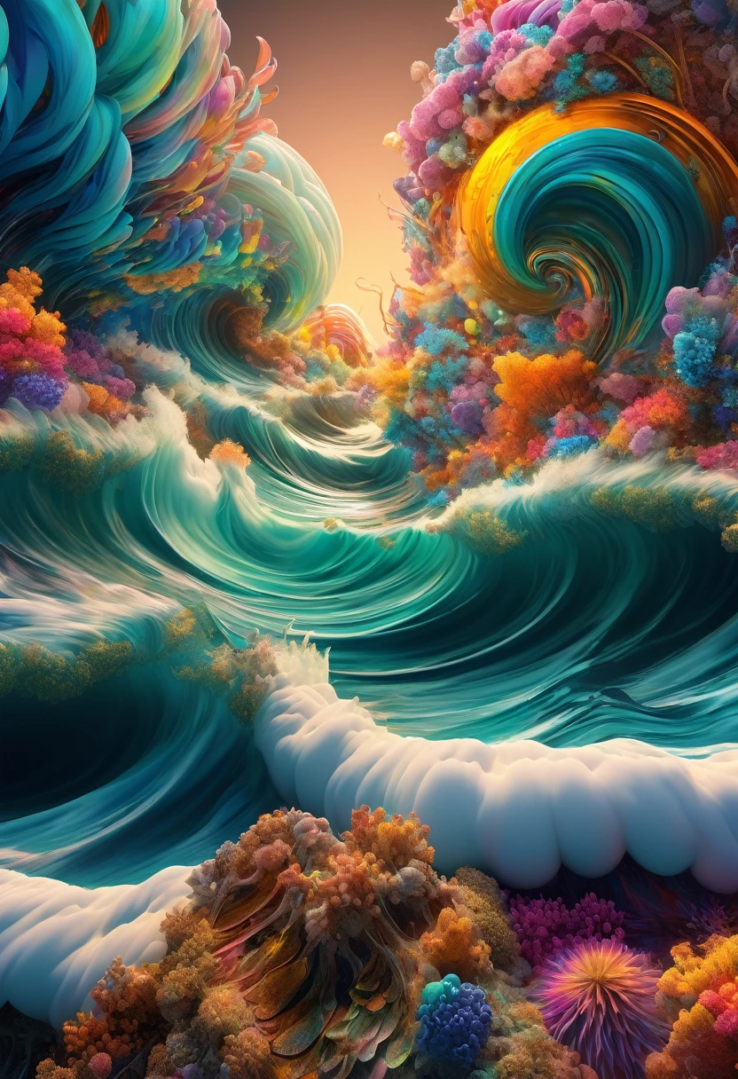 1÷10×√(50)×tan(78)+125^(2)÷√(8.888), fractal,organic matter, cellular colony, deep wiew, Blend fantasy and reality as 3D fireworks merge with ethereal fractal creatures, symbolizing the sea, transforming the seascape into a psychedelic realm of swirling colors and surreal shapes, where reality becomes a kaleidoscope of infinite possibilities, best quality, ultra high resolution ,hyperdetailed, masterpiece, 3d modelling, abstract art, digital art.