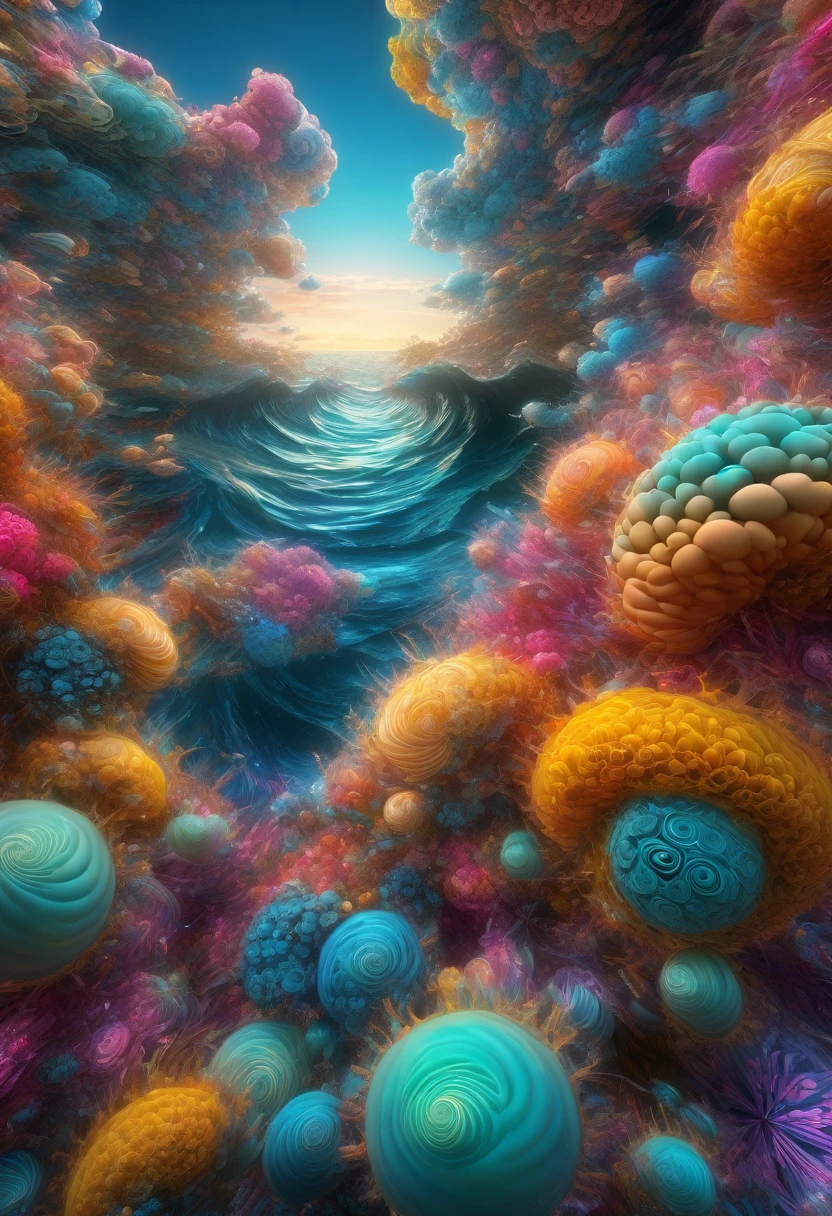 1÷10×√(50)×tan(78)+125^(2)÷√(8.888), fractal,organic matter, cellular colony, deep wiew, Blend fantasy and reality as 3D fireworks merge with ethereal fractal creatures, symbolizing the sea, transforming the seascape into a psychedelic realm of swirling colors and surreal shapes, where reality becomes a kaleidoscope of infinite possibilities, best quality, ultra high resolution ,hyperdetailed, masterpiece, 3d modelling, abstract art, digital art.