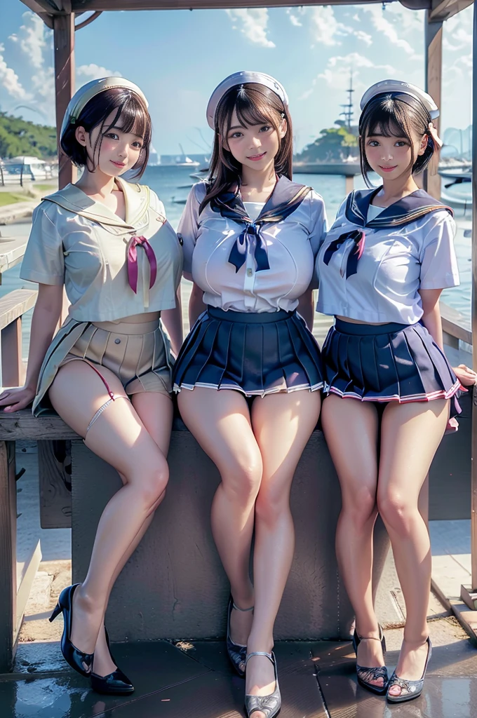 Three Girls,Japanese,line up,Laughter,Idol,(Colorful Lingerie),Big ample breasts、Perfect composition、Highest quality、Ultra-detailed、masterpiece、Realistic、Short Hair,((Sailor suit)),((Short sleeve uniform white shirt)),(tie),(Blue mini pleated skirt),