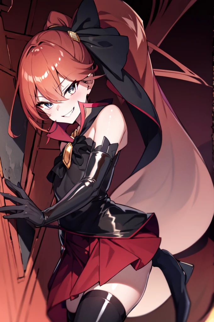 Highest quality, masterpiece, One Girl,Not beautiful, Red Ponytail, Long dress, brooch, Hair Ribbon, Black knee socks, Standing on the rubble, (Wicked Smile:1.1), ,,Dark shadowed face,ic smile,Malice,Contempt,smile,latex,Bad face,,Red Skirt,two hands,Two legs,five fingers,evil background,elbow gloves,latex, Wicked Smile, devilish aura (Shiny fabric:1.5),Dark world background,solo,