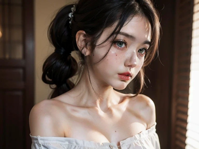 ((best quality)), ((masterpiece)), (detailed), 1girl, braided ponytail, alluring,
bare shoulders, very close up, night, alley, (off shoulder dress), backlighting,
beautiful face, green eyes, front view, looking forward at viewer, closed mouth,
blushing, freckles