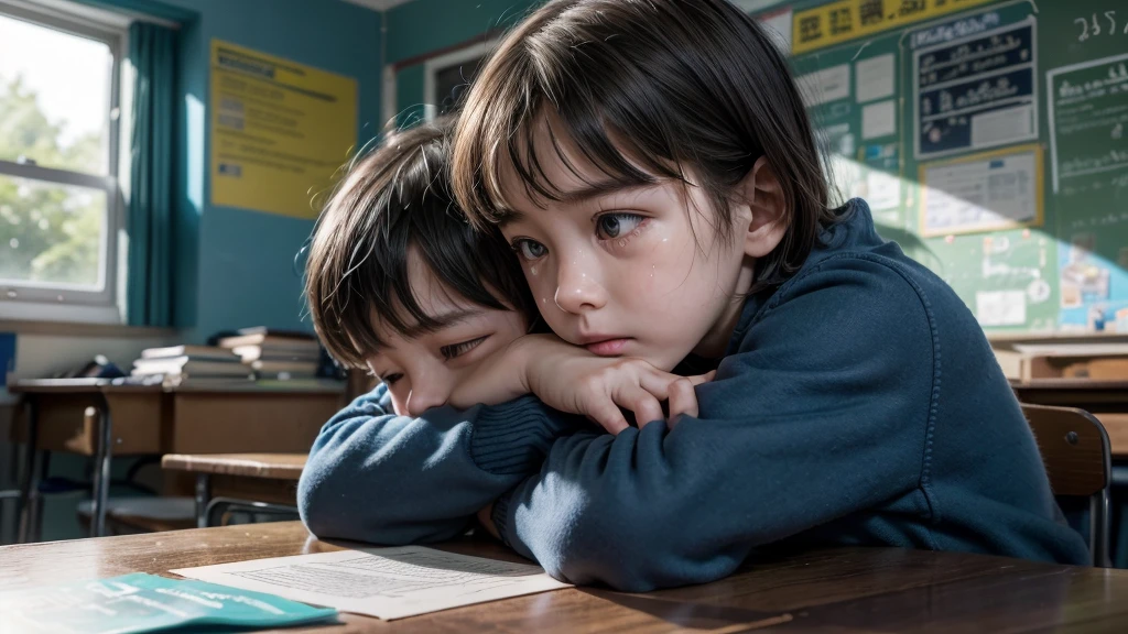 (best quality,highres,masterpiece:1.2),ultra-detailed,(realistic:1.37)
A very sad and embarrassed 5--old e boy in the classroom,softspoken little ying quietly,feeling ashamed,tearful eyes,downcast gaze,sorrowful expression,
,sitting at a desk,wearing a ,trying to hide,hunched shoulders,
barely visible smile,head bent down,sadness reflected in his eyes,feeling out of place,shy and introverted,nervous and uncomfortable,
surrounded by classmates,ignoring him,looking away,unfriendly glances,
brightly lit classroom,neat and tidy,with colorful walls and decorative posters,
chalkboard covered in equations and drawings,books and school supplies scattered on the desk,
sound of children's laughter and conversation,noise filling the air,creating an overwhelming atmosphere,
deep blue color palette,evoking a sense of melancholy and isolation,
soft natural light shining through the window,casting gentle shadows on the floor,
longing for acceptance and friendship,hoping for someone to reach out,
an emotionally charged scene,capturing the vulnerability and fragility of childhood.