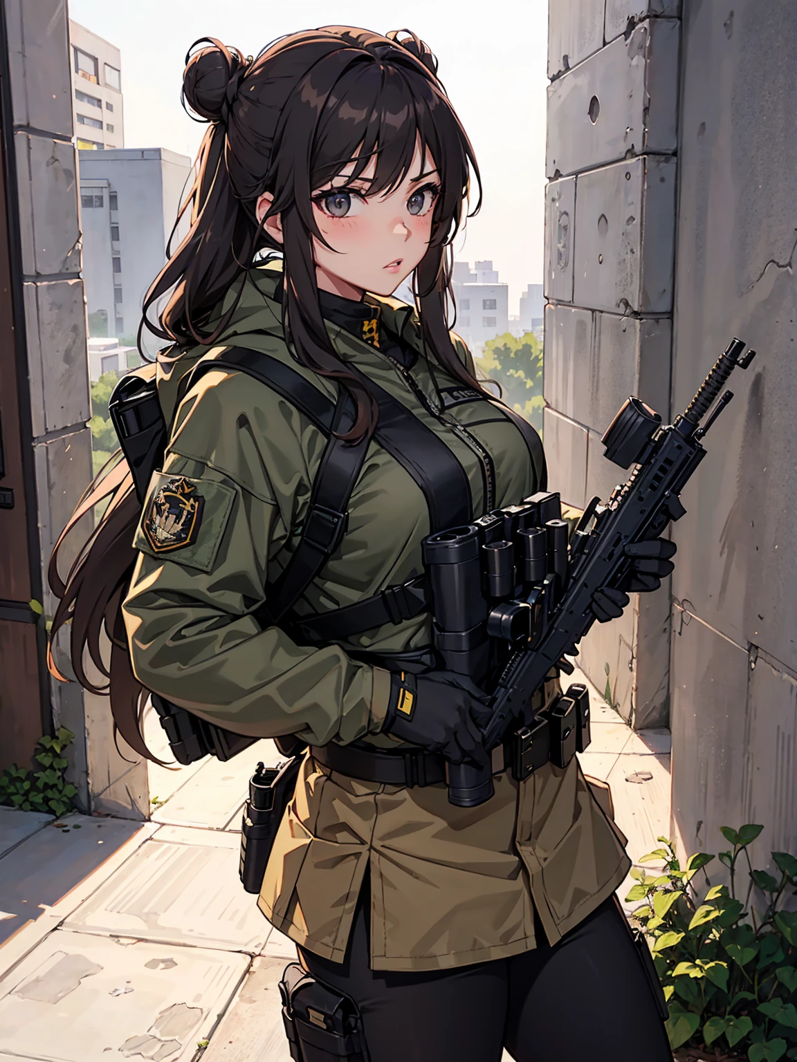 tacticool, military girl, looking off into the sunset, full military girl, large backpack, rifle, chest plate, hanna owo, Perfect face, cimimatic image, movie quality, anime, long hair bun, perfect lips, glossy lips, tight longsleeve shirt