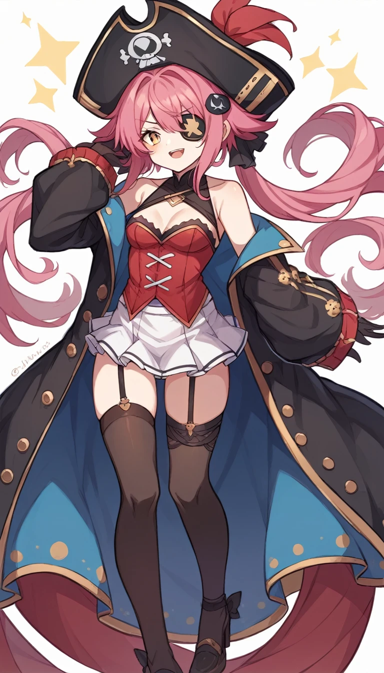 The character is a slender young woman.。She has reddish pink hair、Some of the hair is dyed white.、She has her hair styled in long twin tails.。She has a big pirate hat、Wearing a black jacket。The jacket is decorated with gold、It also has shoulder straps。Her outfit is sexy、Red bustier and mini skirt、Black Stockings、She is wearing brown high heels。Also、He has an eyepatch on one eye、He has a mischievous look on his face.。The background is white。