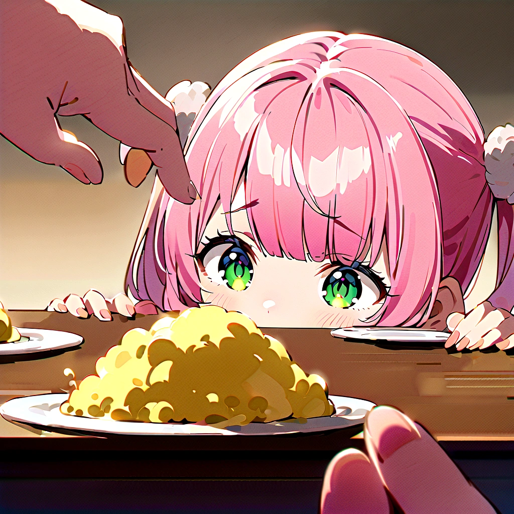 、Pink haired girl、、Pink haired girl、、Pink haired girl、、Pink haired girl、A lump of yellow sulfur on a desk、Sulfur on a plate、Staring at it, my brow furrowed.、Pink haired girl、Twin Drill、Yellow smoke drifting、Hold your nose with your hand