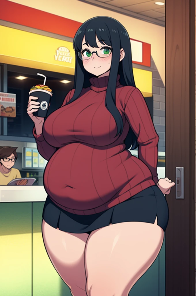 ((Masterpiece)), perfect anatomy, perfect shading, field of depth, (best quality), extremely delicate and beautiful, perfect lighting, detailed face, ultra cute face, cute, ((1girl)), ((solo))
long fluffy black hair, glasses, green eyes, ((blush)), nervous, looking at viewer, sweater, short skirt, medium breasts, ((thick thighs)), (wide hips), ((plump)), chubby belly,
intricate background, detailed background, fast food restaurant,