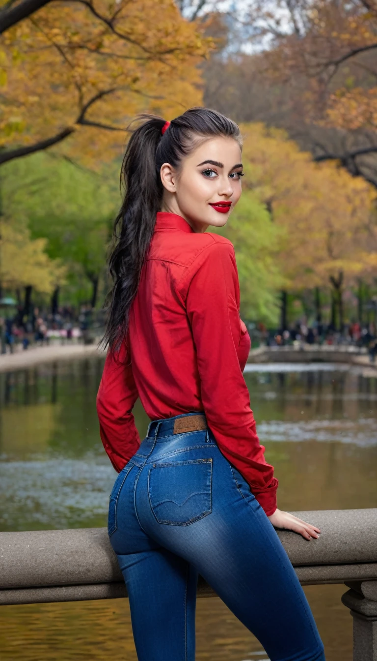 ultrarealistic high quality fullbody photo of a beautiful busty slim european 19-year-old mwoman with cute hyperdetailed shy face and dyed black long messy ponytail hair and happy face, realistic round hazel eyes, red lips, dark eye makeup with eyeliner, wearing red longsleeve shirt and bluejeans, hourglass body, outdoor shooting in central park