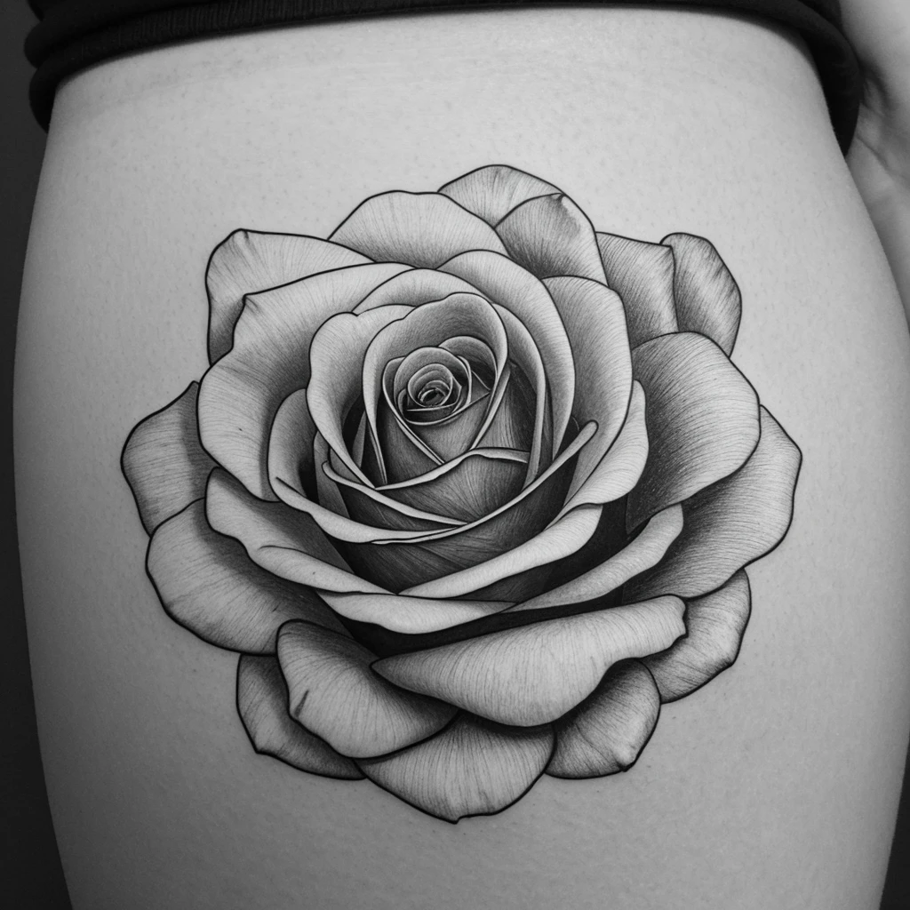 a black and white, thick line weight, tattoo design of a traditional rose