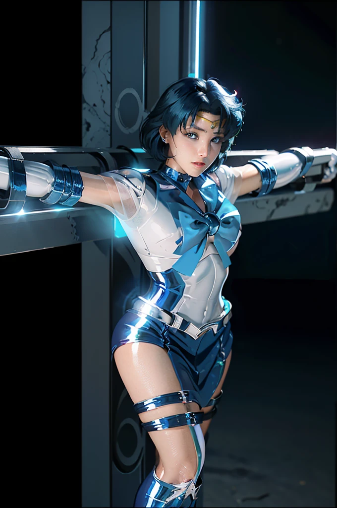highest quality,masterpiece,Ultra-high resolution, Very detailed, 8K,(Beautiful woman),one person,40 years old, (Sailor Mercury), (Facial details, Bright Blue Eyes, Beautiful Face, Beautiful Eyes, Shining Eyes, thin lips, thin, sharp, Thin eyebrows, length, Black eyelashes, length and thick lower eyelashes, double eyelid), Fluffy blue hair, ((Blue sailor collar, Very tight and shiny uniform)), ((length white latex gloves,Beautiful female hand in white latex gloves)),Shiny Blue Latex Knee High Boots, Stiletto heels,Blue choker、Blue gloves on elbows, ((shiny blue skirt)), Blue Collar, golden tiara,Earrings)),Fine Gold Jewelry, skinny, Big Breasts, perfect balance, Tight waist, Pores are visible, Beautiful, shiny dark blue hair, Perfect hands, Close fitting high gloss holographic leather,Octane Rendering, ((Held on a cross))、Crucifixion、