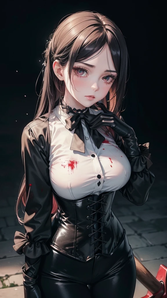 ((blood droplets)), ((blood)), ((blood splatter)), ((blood on clothes)), ((blood stain)), Masterpiece, Beautiful art, professional artist, 8k, Very detailed face, Detailed clothing, detailed fabric, 1 girl, standing, perfectly drawn body, big breasts, shy expression, pale skin, beautiful face, long black hair, Blue eyes, very detailed eyes, pink cheeks, choker:1.6, (white collar button down long sleeve shirt), black gloves, gloves that cover hands, (holds an ax with his right hand), (black leather corset), (shiny black leggings), Sensual Lips , evening de invierno, show details in the eyes, looking at the viewer, Dark road, dark forest, evening, Atmosphere, fog