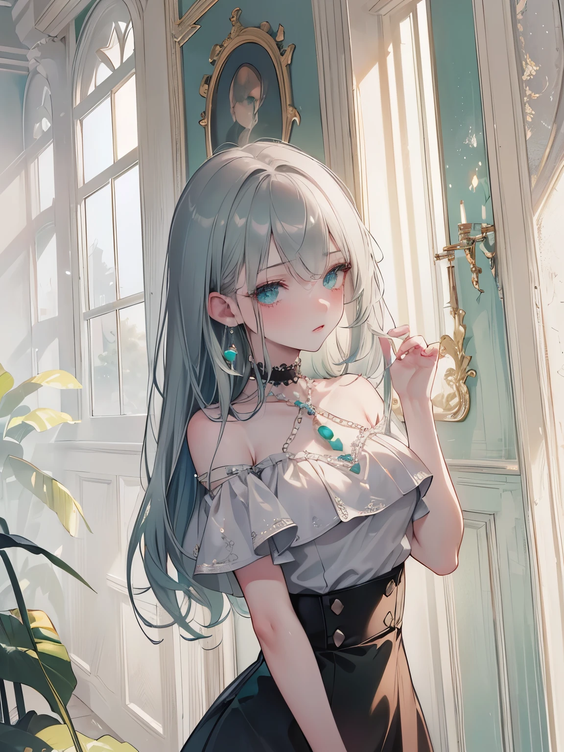 ((dark fantasy)), ((silver hair color, pale skin),(((green aquamarine eyes))), freckles, warm light,( ),busty,Glamour,Gorgeous,monochromes,erotic posing,Dynamic Posing,Arrange Pose,Dramatic,Cinematic,Detailed background, Dynamic Angle,From the angle of the film,Gothic background, Dark fantastic view,Best Quality,masutepiece,8K,The ultimate detailed dark background, Top image quality、RAW photography、超A high resolution,cropped shoulders, overall look is very erotic、Shot for one person only, model shoot, Large round chest, Beautiful Eyes of Details、Very slender eyes、Beautiful eyelashes、Very slim physique, with blush cheeks,Pearl Beaded Bralet Top, ((pearl top))