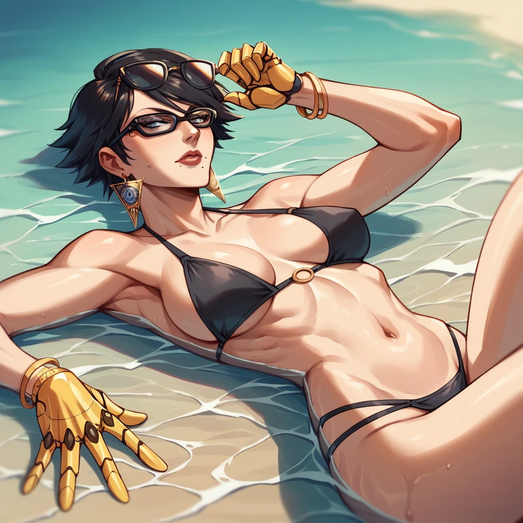 tall mature beautyfull woman, bayonetta shape, golden robotic hands, short hair, sunglasses, golden earring, black bikini, golden bracelet, lying in water, in beach, slender body, natural bodym sensualizing