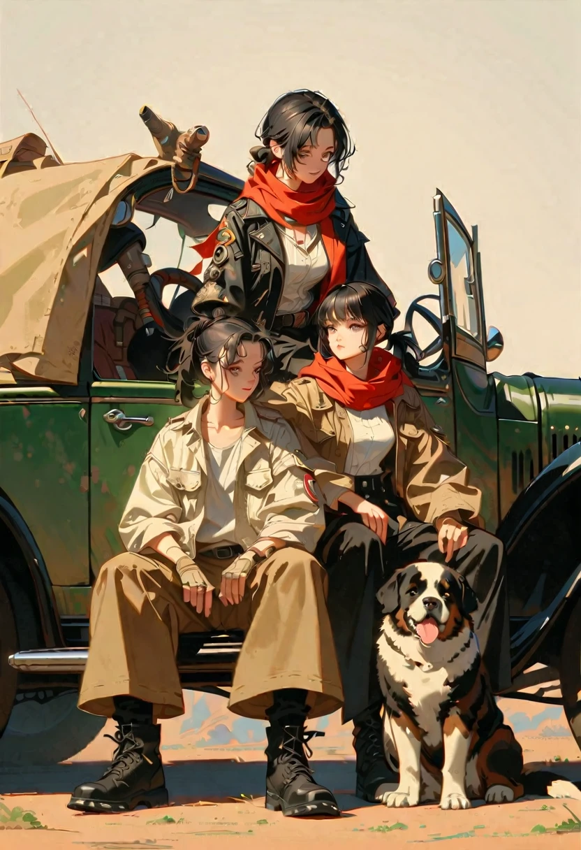 style 9, a woman with straight black hair tied in a ponytail, black eyes, wearing old post-apocalyptic clothing, scarf, gloves, goggles, sitting in an old car. Next to a Saint Bernard dog