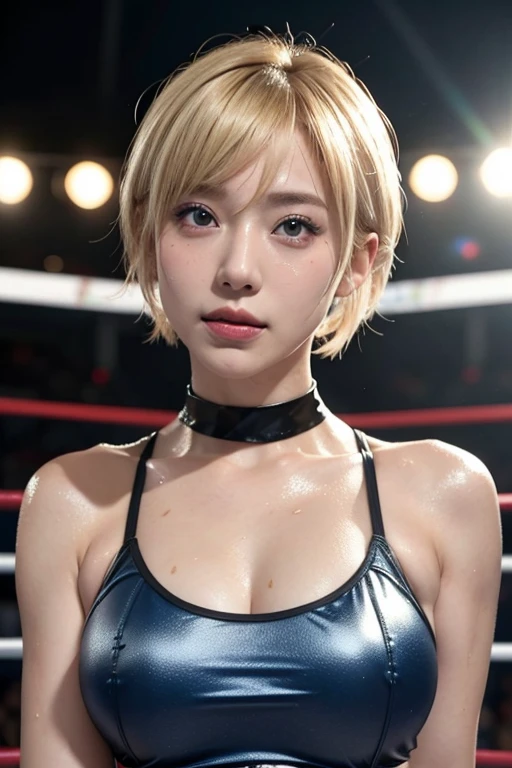 A blonde short-haired busty female wrestler is in the ring、smile、Sunburn、Wrestling Costumes、Black choker、Sweaty hair、Body wet with sweat、face painting、wwe、Diva、Asuka、Iyo Sky、Kairi Sane