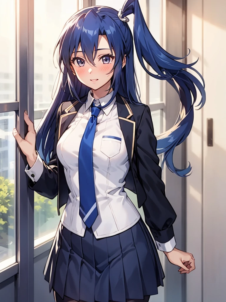 (extremely detailed CG), (best quality), 1girl, perfect face,  shiny skin, lustrous skin, wide hips, narrow waist,  SymphoTsubasa, hair between eyes,blue eyes, one side up,blue hair, long hair, , blushed, pleated skirt ,necktie