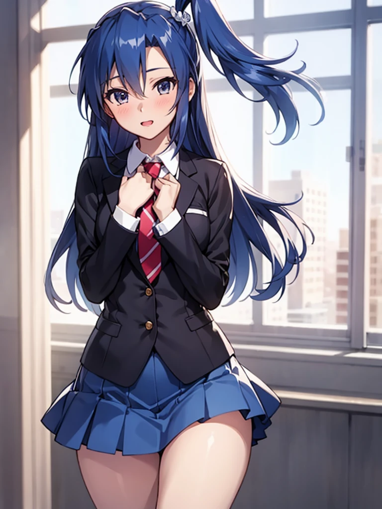 (extremely detailed CG), (best quality), 1girl, perfect face,  shiny skin, lustrous skin, wide hips, narrow waist,  SymphoTsubasa, hair between eyes,blue eyes, one side up,blue hair, long hair, , blushed, pleated skirt ,necktie