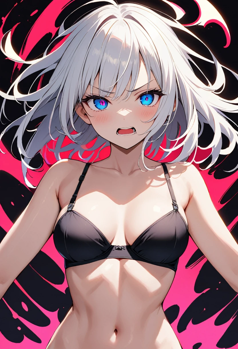 16k works,Highest quality,18-year-old,No background.whiteい背景のみ,whole body、sexy, One person, Beautiful Face,, Symmetrical eyes, Perfect body, Good balance、 Perfect body、rage, white,One girl, Evil Eye, Black bra, white hair,