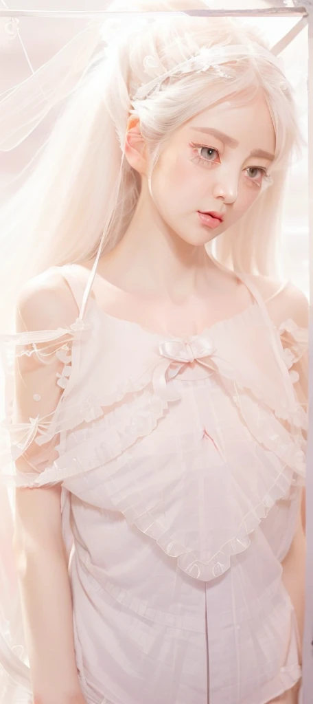 A girl、White hair、Long hair、Long and straight hair,Shawl hair,Light pink eyes,piece、Ruffles、Bow ribbon、Cute little、Masterpiece、Top image quality、Top quality,Catwoman,Small Breasts,(sideways:1.6),(The chest is exposed from the side:1.8),(Delicate face:1.9),Tight skirt,(whole body:1.4),(Delicate and cute face:1.9)
