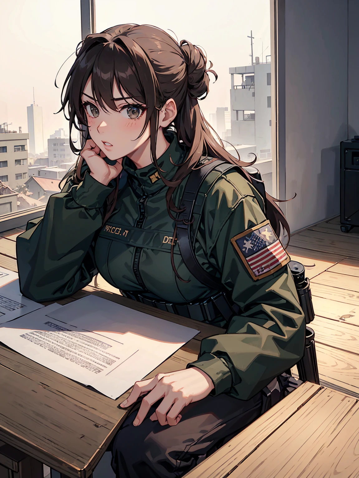 tacticool, military girl, looking off into the sunset, full military girl, large backpack, rifle, chest plate, hanna owo, Perfect face, cimimatic image, movie quality, anime, long hair bun, perfect lips, glossy lips, tight longsleeve shirt, sitting on table of abandoned building, tight longsleeve shirt, large military pants