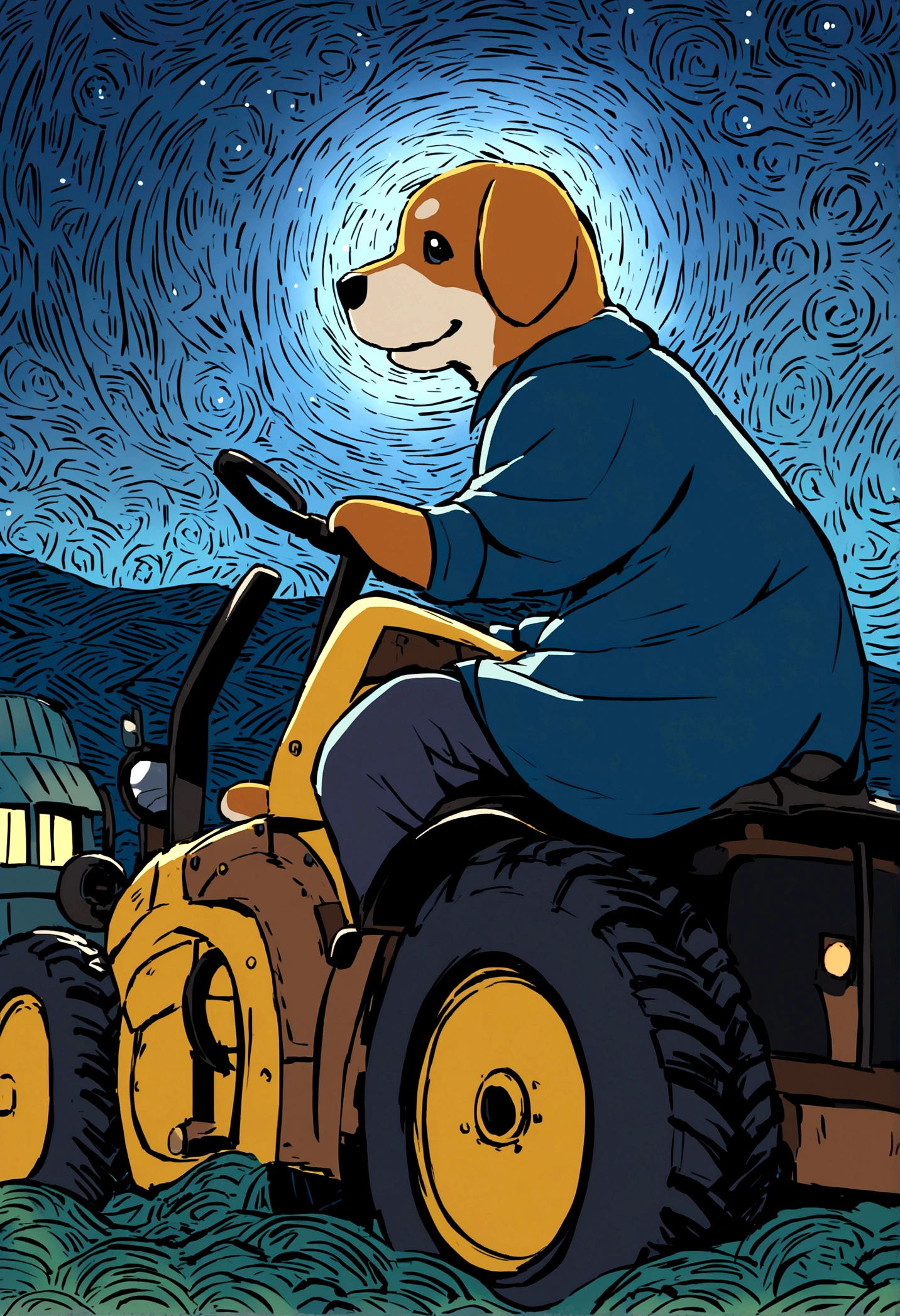 create a Vincent Van Gogh_starry night style art of a caramel dog driving a tractor.