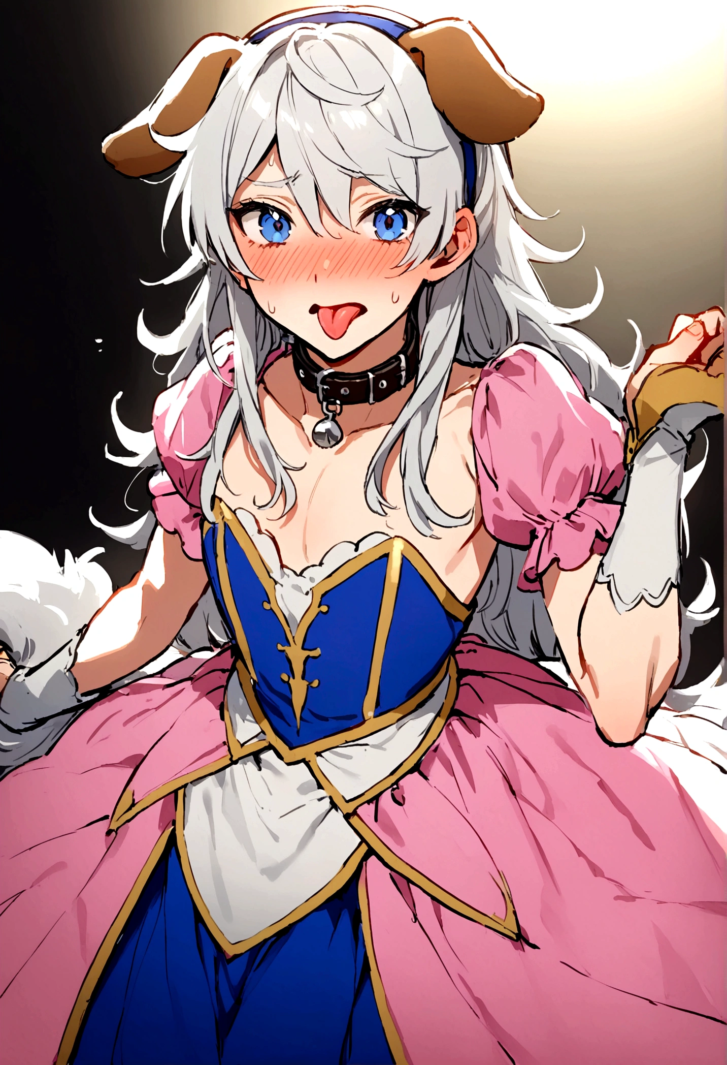 young  man, White hair, Blue eyes, crossdressing, Wearing a dog collar, dog ears, stick out tongue, embarrassed, prince dress