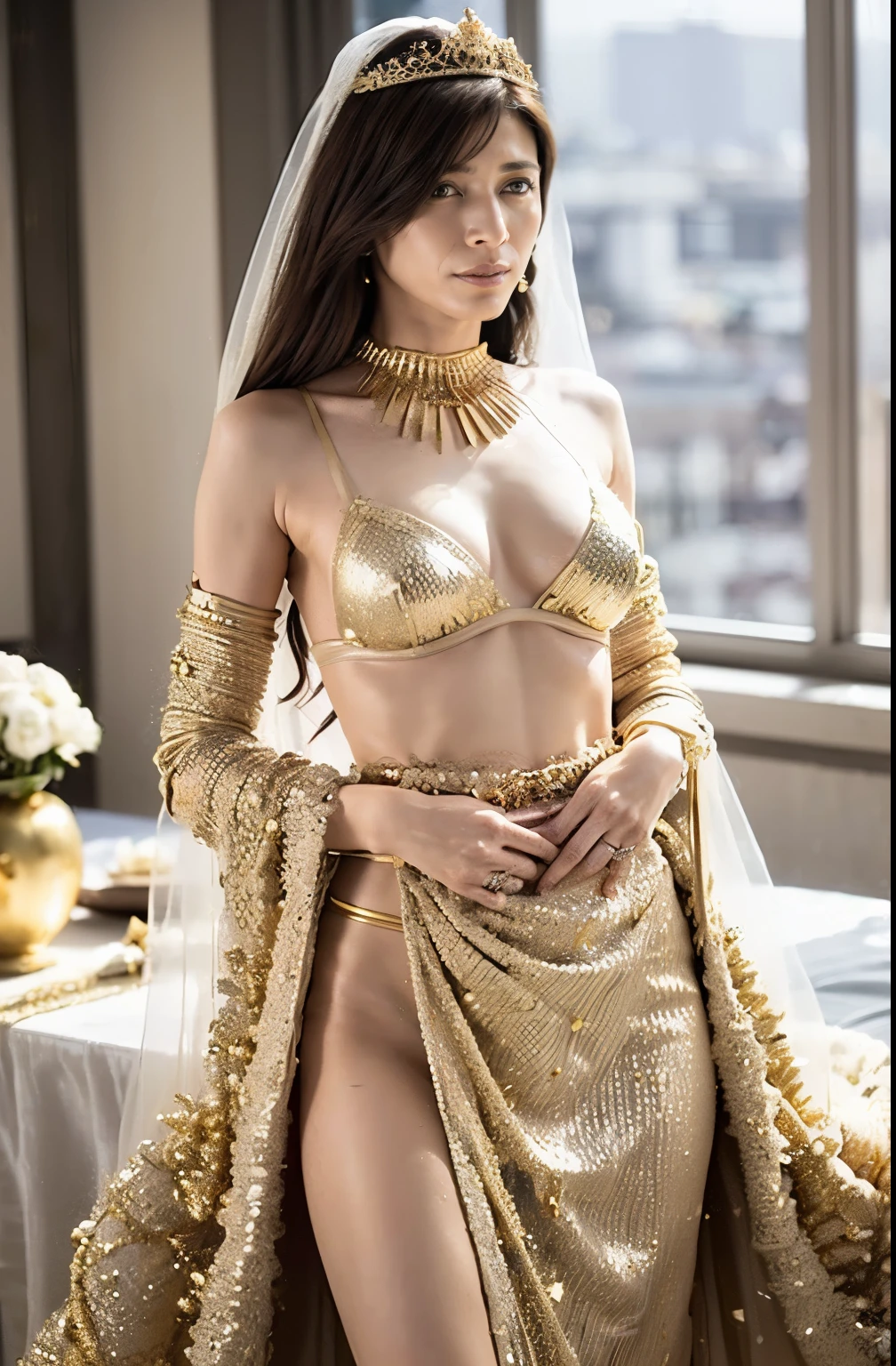 naked,Like the whole body," shape, Bride's outfit without shoulder straps,Small gold tiara,huge ,sloppy and droopy breasts, Her heavy breasts are almost completely exposed ,Fully visible bust,Sheer princess skirt,Arabian Palace Wedding,There is a large crowd of people gathered behind her., Perfect body, (Highest quality, 4K, 8K, High resolution, Tabletop:1.2), Super detailed, (Realistic, Realistic, Photorealistic:1.37), Royal, Enchanting, (Vibrant colors, Sharp Chest:1.1), Soft lighting", Transparent Dress. (((No underwear))), (((A small gold see-through waist cloth covers the pussy))), Deep cleavage. naked thighs. (((naked.))), (((Gold Micro Bra))), (((Arabian Princess Wedding.)))