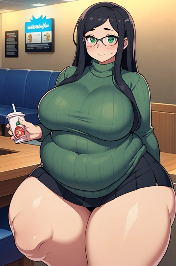((Masterpiece)), perfect anatomy, perfect shading, field of depth, (best quality), extremely delicate and beautiful, perfect lighting, detailed face, ultra cute face, cute, ((1girl)), ((solo))
long fluffy black hair, glasses, green eyes, ((blush)), nervous, looking at viewer, sweater, short skirt, medium breasts, ((thick thighs)), (wide hips), ((plump)), chubby belly,
intricate background, detailed background, fast food restaurant,