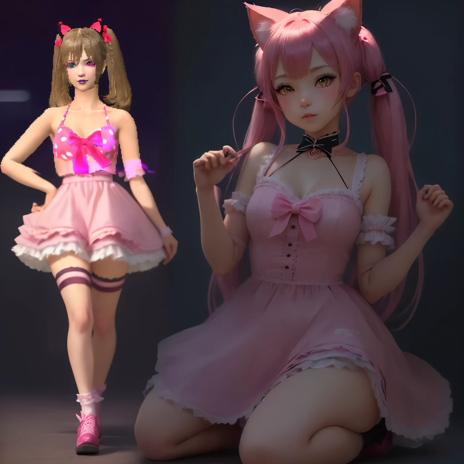 there is a woman in a pink dress with a pink bow, pink twintail hair and cyan eyes, attractive cat girl, as a character in Tekken, cat girl, second life avatar, Yuri Misaki, e 2k cutecore clowncore, catgirl, anime catgirl, nekomimi, anime with cat ears, with cat ears