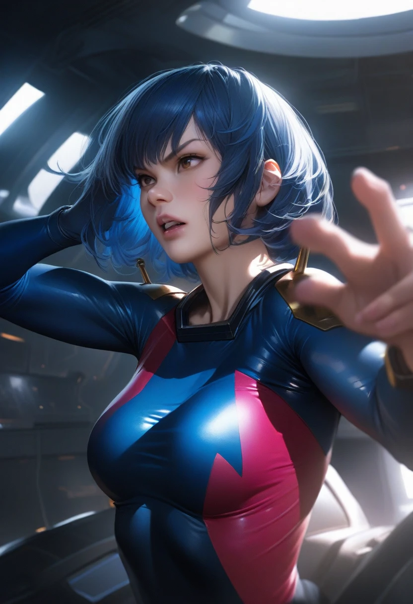 Perfect hands, Perfect Fingers,Perfect Anatomy, masterpiece, Highest quality,Realistic, hyperRealistic, 16k hdr,One girl, Medium chest,Blue Hair, Bobcut,Mobile Trace Suit, Pauldrons,Fighting Pose, Upper Body, cockpit