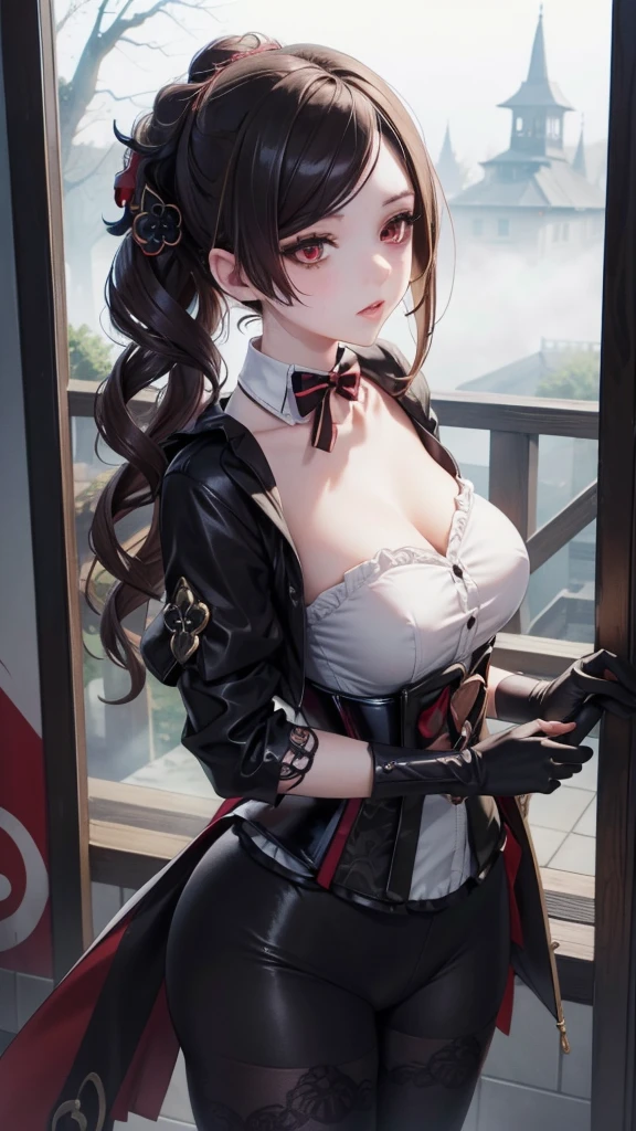 ((blood droplets)), ((blood)), ((blood splatter)), ((blood on clothes)), ((blood stain)), Masterpiece, Beautiful art, professional artist, 8k, Very detailed face, Detailed clothing, detailed fabric, 1 girl, Chiori \(genshin impact\), standing, perfectly drawn body, big breasts, shy expression, pale skin, beautiful face, long black hair, Blue eyes, very detailed eyes, pink cheeks, choker:1.6, (white collar button down long sleeve shirt), black gloves, gloves that cover hands, (holds an ax with his right hand), (black leather corset), (shiny black leggings), Sensual Lips , evening de invierno, show details in the eyes, looking at the viewer, Dark road, dark forest, evening, Atmosphere, fog