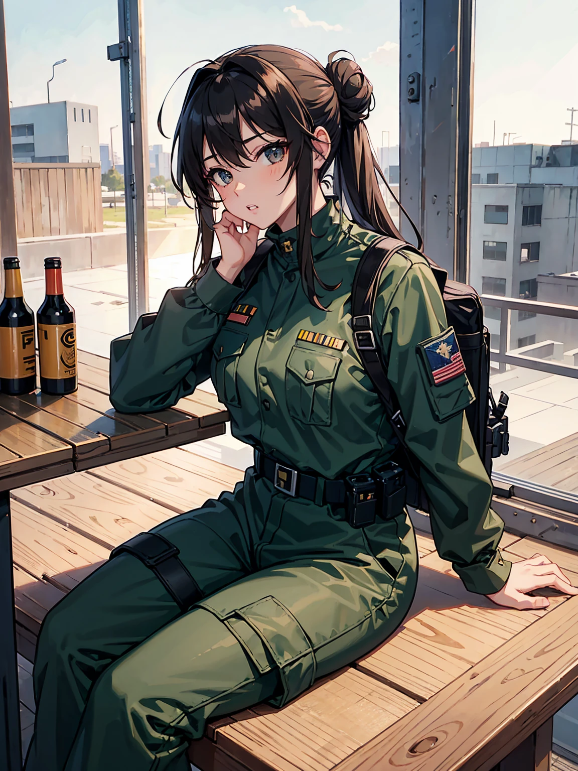 tacticool, military girl, looking off into the sunset, full military girl, large backpack, rifle, chest plate, hanna owo, Perfect face, cimimatic image, movie quality, anime, long hair bun, perfect lips, glossy lips, tight longsleeve shirt, sitting on table of abandoned building, tight longsleeve shirt, large military pants, on top of table