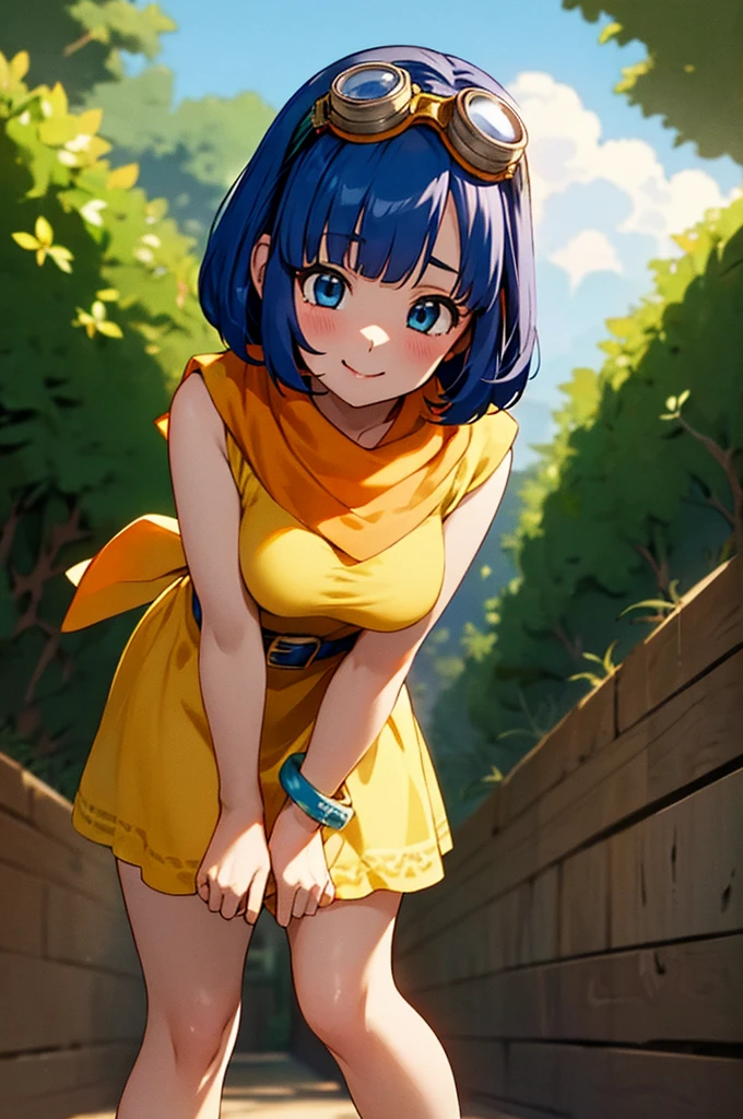 DQ10 seraphi, short hair, bob cut, blue hair, blue eyes, goggles, goggles on head, DQ10 costume, yellow dress, orange scarf, black sleeves, blue belt, bracelet, bare hands, barefoot, BREAK medium breasts, anmnr, beautiful, masterpiece, 8K resolution, extremely detailed face, 1girl, Beautiful girl, adult girl, 20 years old, eye highlights, BREAK undressing, panty pull, panties taken off, panties while undressing, (from below), looking at viewer, smile, embarrassed, blush, BREAK (leaning forward:1.3), BREAK anime background, outdoors, in forest, flower garden, gentle sunlight, (bushes in front), 