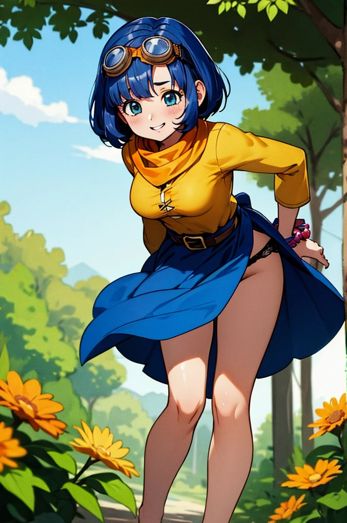 DQ10 seraphi, short hair, bob cut, blue hair, blue eyes, goggles, goggles on head, DQ10 costume, yellow dress, orange scarf, black sleeves, blue belt, bracelet, bare hands, barefoot, BREAK medium breasts, anmnr, beautiful, masterpiece, 8K resolution, extremely detailed face, 1girl, Beautiful girl, adult girl, 20 years old, eye highlights, BREAK undressing, panty pull, panties taken off, panties while undressing, (from below), looking at viewer, smile, embarrassed, blush, BREAK (leaning forward:1.3), BREAK anime background, outdoors, in forest, flower garden, gentle sunlight, (bushes in front), 