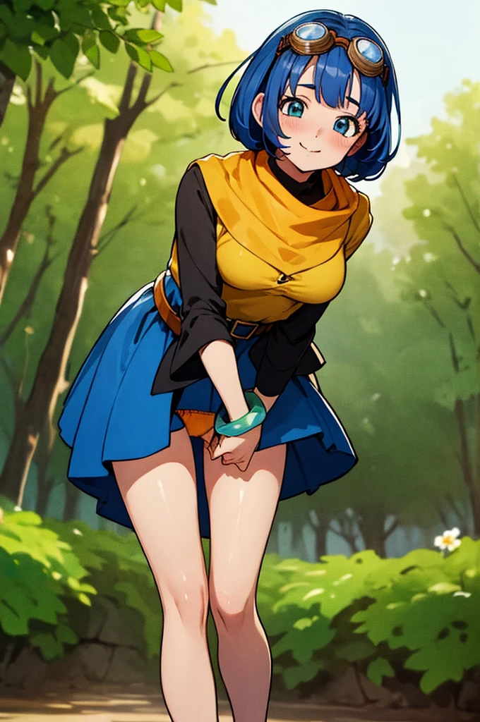 DQ10 seraphi, short hair, bob cut, blue hair, blue eyes, goggles, goggles on head, DQ10 costume, yellow dress, orange scarf, black sleeves, blue belt, bracelet, bare hands, barefoot, BREAK medium breasts, anmnr, beautiful, masterpiece, 8K resolution, extremely detailed face, 1girl, Beautiful girl, adult girl, 20 years old, eye highlights, BREAK undressing, panty pull, panties taken off, panties while undressing, (from below), looking at viewer, smile, embarrassed, blush, BREAK (leaning forward:1.3), BREAK anime background, outdoors, in forest, flower garden, gentle sunlight, (bushes in front),