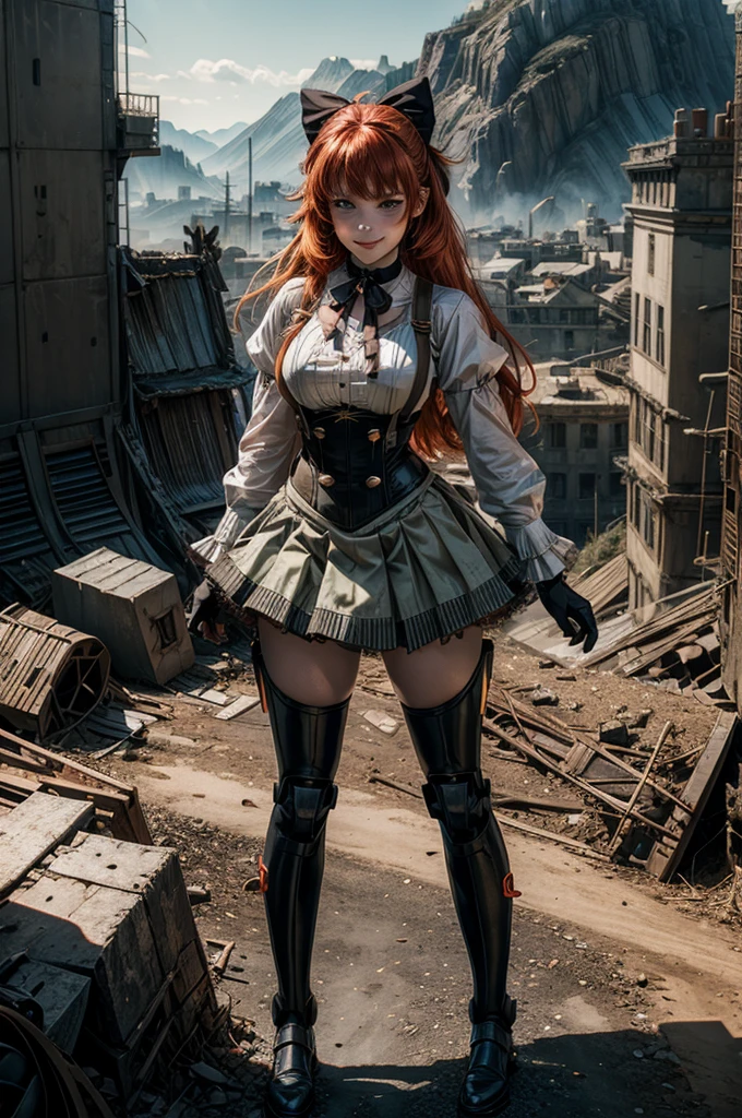 cowboy shot, (dynamic pose) smile, underbust, Penny Polendina, long red hair, neck ribbon, suspender skirt, corset, black bow, white blouse, mechanical legs, neon trim,standing in city ruins on hill, in valley, BREAK mountains in background, waterfall, crowd, (crowd in military uniform), post-apocalypse, dystopian future, (volumetric lighting), intricate details, tonemapping, sharp focus, hyper detailed, 