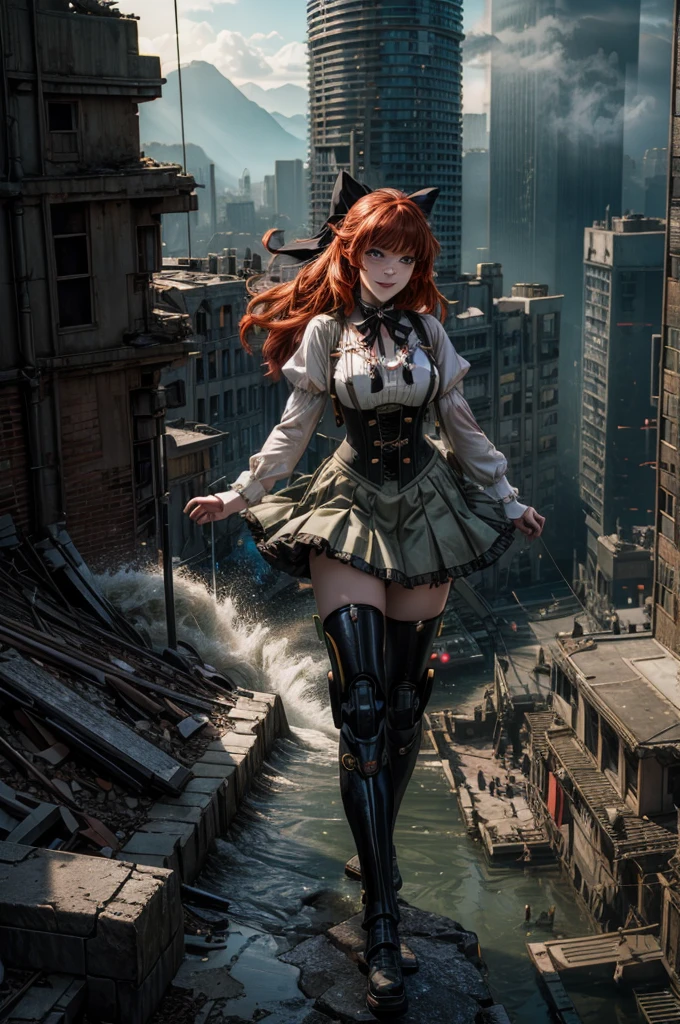 cowboy shot, (dynamic pose) smile, underbust, Penny Polendina, long red hair, neck ribbon, suspender skirt, corset, black bow, white blouse, mechanical legs, neon trim,standing in city ruins on hill, in valley, BREAK mountains in background, waterfall, crowd, (crowd in military uniform), post-apocalypse, dystopian future, (volumetric lighting), intricate details, tonemapping, sharp focus, hyper detailed, 