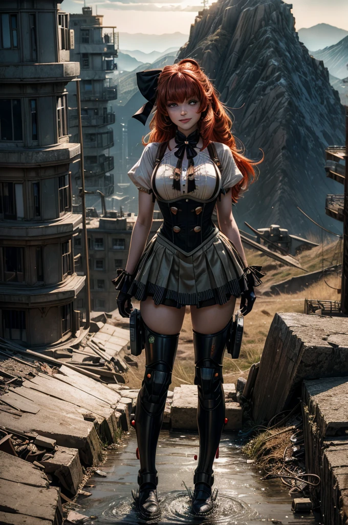 cowboy shot, (dynamic pose) smile, underbust, Penny Polendina, long red hair, neck ribbon, suspender skirt, corset, black bow, white blouse, mechanical legs, neon trim,standing in city ruins on hill, in valley, BREAK mountains in background, waterfall, crowd, (crowd in military uniform), post-apocalypse, dystopian future, (volumetric lighting), intricate details, tonemapping, sharp focus, hyper detailed, 