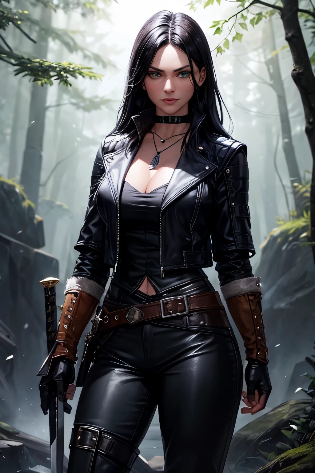 Raven Blackwood, bandit leader, 35 years old, athletic figure, 176cm height, 80C breasts, raven-black hair, emerald green eyes, straight nose, high cheekbones, full lips, leather vest, tight trousers, knee-high boots, silver choker with onyx pendant, confident demeanor, authoritative gaze, scar above left eyebrow, worn gloves, sword at side, midnight forest backdrop, flickering campfire, dimly lit cavern, stolen riches, loyal companions, whispered secrets, scheming plans, daring escapades.