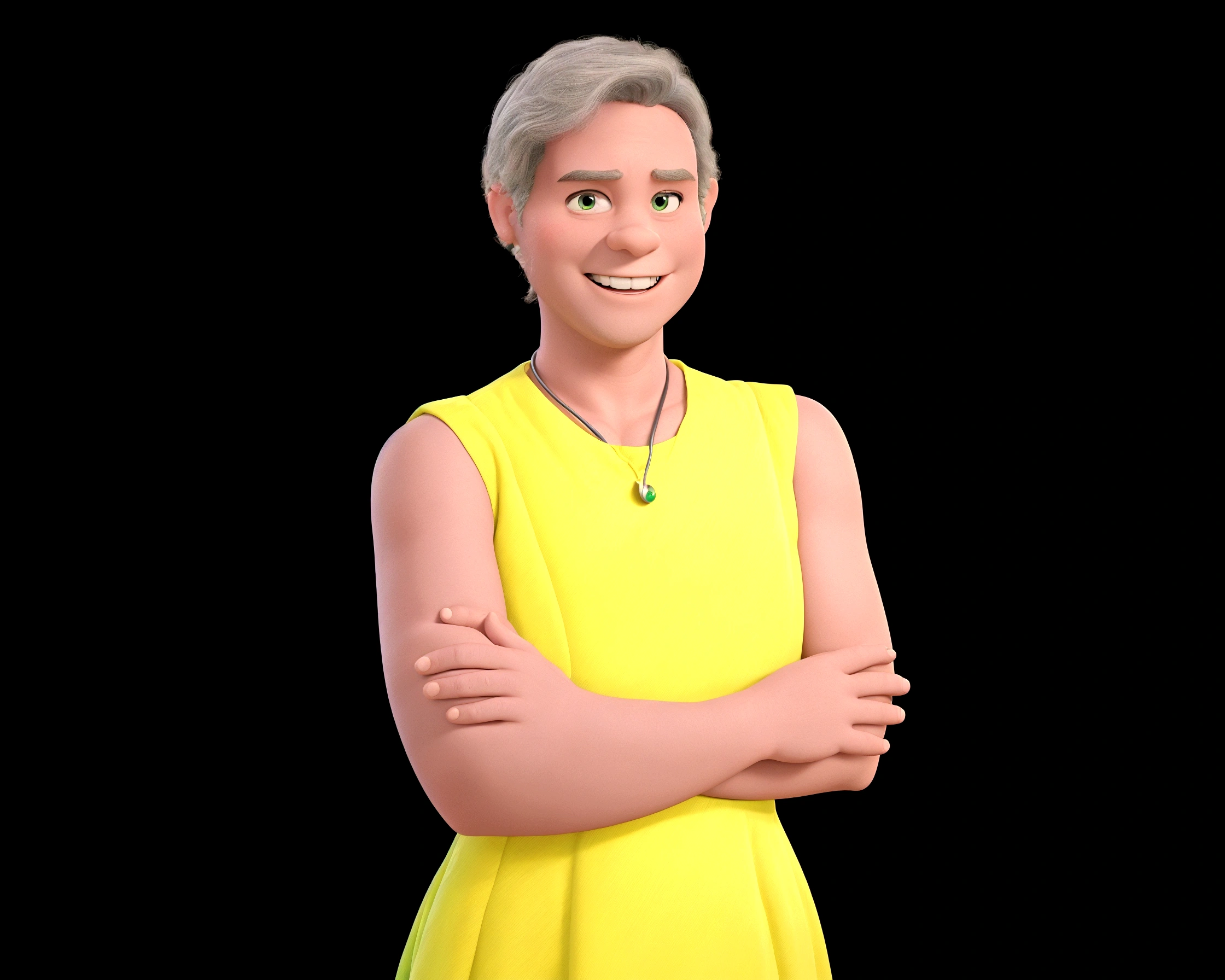 a Disney Pixar movie poster showing a doctor in a green midi dress and a stethoscope around his neck. With 4 children around, with different clothes, his body is 1.65 meters tall. The children are smiling but it appears that they are in the hospital. The background is a pediatric hospital. Everyone wears beachwear. 3D rendering