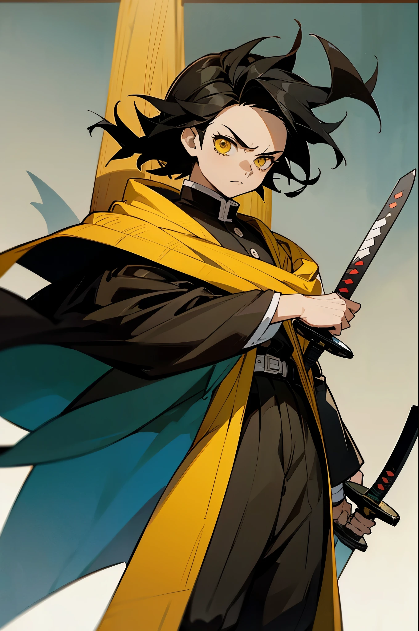 Young Adult, Male, Black Hair, poncho, One sword in Hand the other on back, sheathe, grassland background, Yellow eyes, Fighter Clothing, Masterpiece Quality, Perfect Generation. demon slayer outfit, lean build