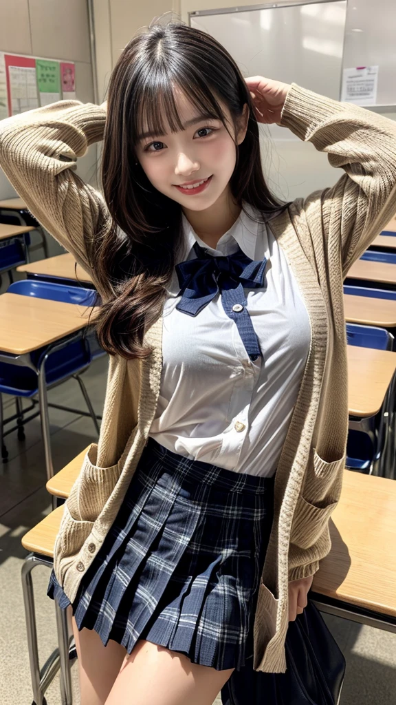 ((Highest quality、Tabletop、、Best image quality))、very saturated、(Three high school girls:1.5)、((Uniform white shirt、Ribbon on chest、Checkered Pleated Skirt))、The happiest smile、The best smile、Smiling with teeth showing、Look at me、(Wavy Hair)、The background is a school classroom、lipstick、Perfect Makeup、Accentuate your body lines、Cleavage、(Accurate anatomy:1.3)、(Perfect Hair:1.2)、(exact cardigan:1.3)、Raise your legs above your head, So that her white panties are visible.、Lift your legs and show us your underwear