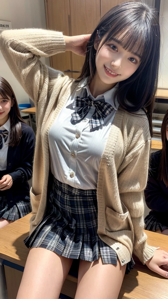 ((Highest quality、Tabletop、、Best image quality))、very saturated、(Three high school girls:1.5)、((Uniform white shirt、Ribbon on chest、Checkered Pleated Skirt))、The happiest smile、The best smile、Smiling with teeth showing、Look at me、(Wavy Hair)、The background is a school classroom、lipstick、Perfect Makeup、Accentuate your body lines、Cleavage、(Accurate anatomy:1.3)、(Perfect Hair:1.2)、(exact cardigan:1.3)、Raise your legs above your head, So that her white panties are visible.、Lift your legs and show us your underwear