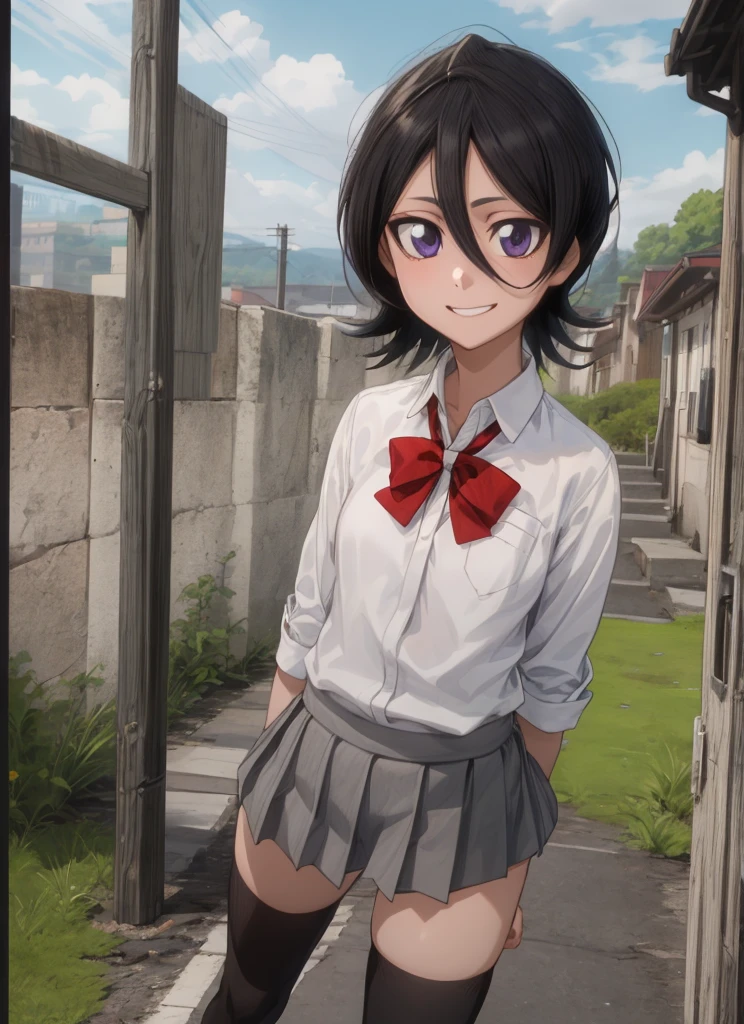 ((best quality)), ((highly detailed)), masterpiece, , (1girl), Perspective distortion, cowboy shot, ((wide shot)), Rukia, black hair, short hair, hair between eyes, purple eyes, small breasts, smiling, , white collared shirt, red bowtie, grey pleated skirt, socks, shoes, (outside, black thighhighs