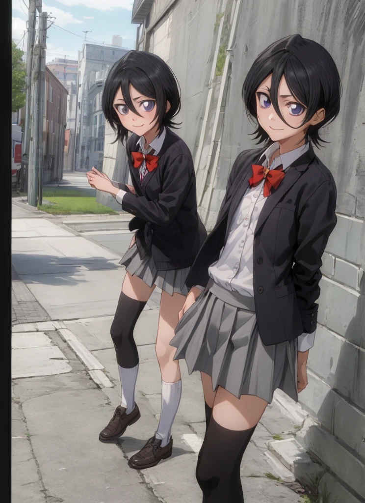 ((best quality)), ((highly detailed)), masterpiece, , (1girl), Perspective distortion, cowboy shot, ((wide shot)), Rukia, black hair, short hair, hair between eyes, purple eyes, small breasts, smiling, , white collared shirt, red bowtie, grey pleated skirt, socks, shoes, (outside, black thighhighs